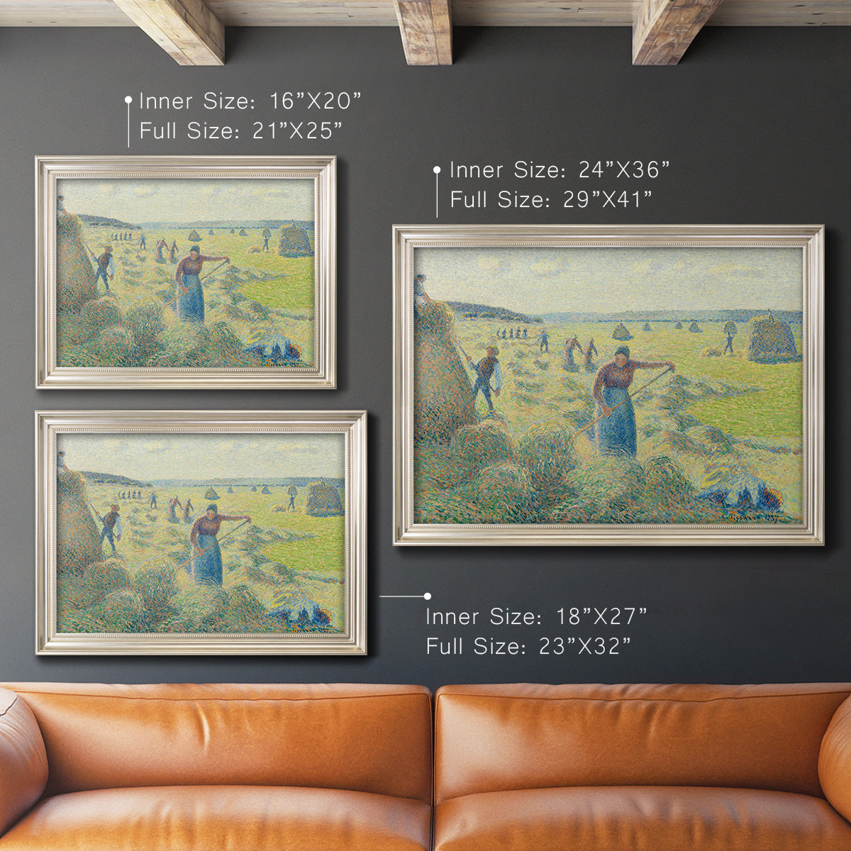 Impressionist rural hay harvest landscape by Camille Pissarro in an ornate champagne frame shown in multiple size options.