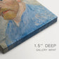 Close-up of a gallery-wrapped canvas corner showing a dynamic image with layered color and detail, highlighting texture and print detail.