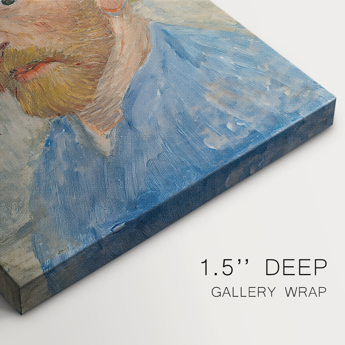 Close-up of a gallery-wrapped canvas corner showing a dynamic image with layered color and detail, highlighting texture and print detail.
