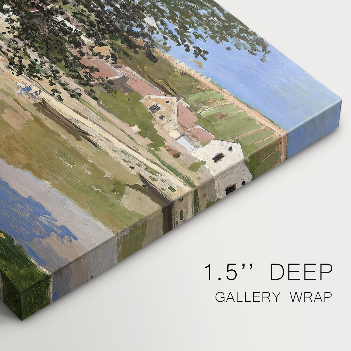 Canvas art print of a woman and child seated along riverbank beneath trees in soft daylight, highlighting texture and gallery-wrapped edges