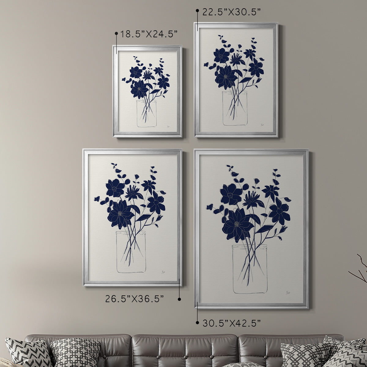 Indigo Sketch Bouquet II - Modern Framed Canvas Print