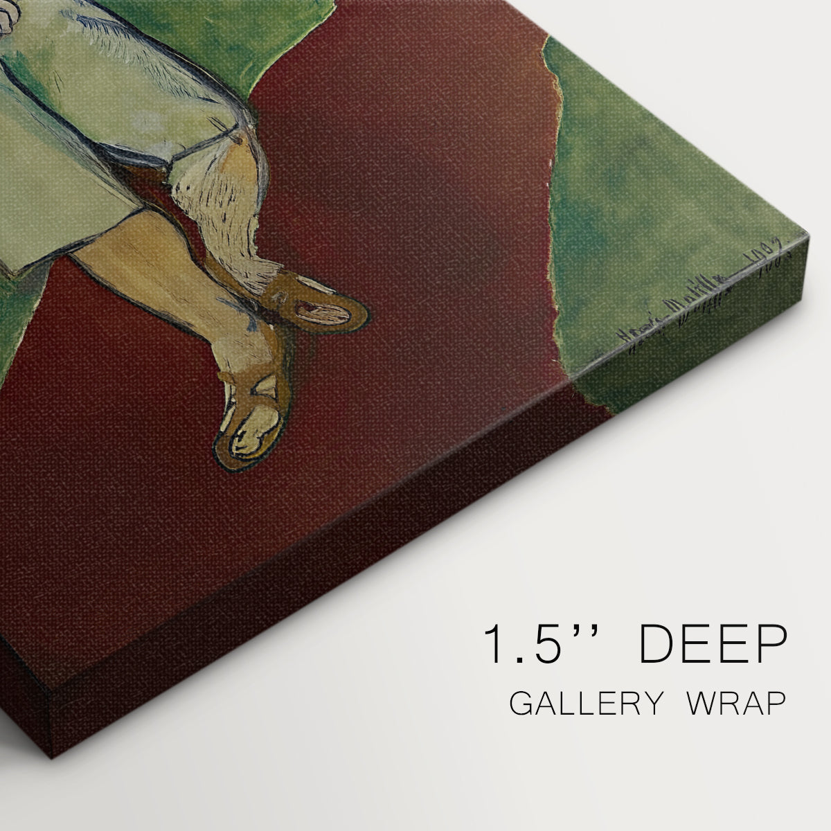 Close-up of a gallery-wrapped canvas corner showing a lively outdoor portrait with youthful energy, highlighting texture and print detail.