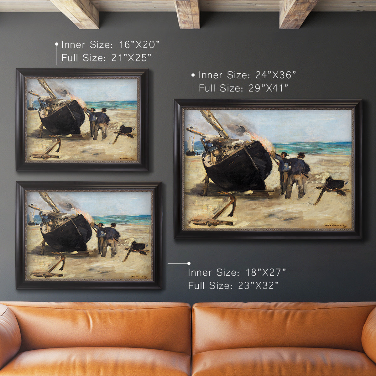 Impressionist nautical work scene by Édouard Manet in an ornate black frame with gilded inner detail shown in multiple size options.