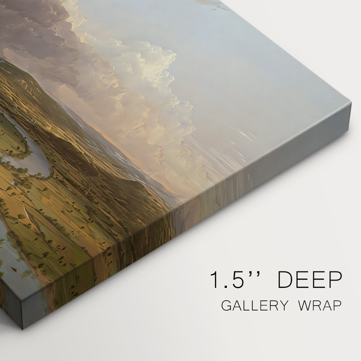 Canvas art print of a panoramic river landscape with contrast between stormy sky and calm farmland, highlighting texture and gallery-wrapped edges