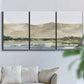 Three-panel canvas wall art featuring desert mountain landscape watercolor, displayed in a living room above a sofa.