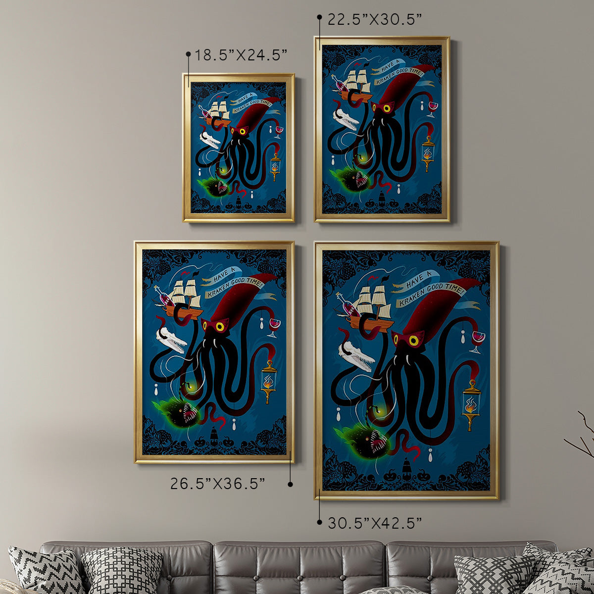 Spooky Cephalopod Chandeliers II - Modern Framed Canvas Print