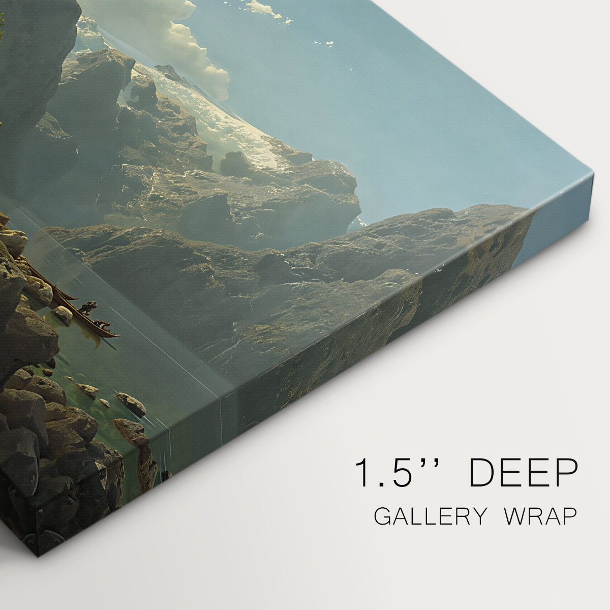 Canvas art print of a fjord landscape with mountains, water, and small settlement under open sky, highlighting texture and gallery-wrapped edges
