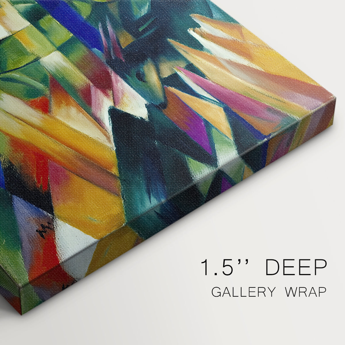 Close-up of a gallery-wrapped canvas corner showing an abstract nature scene with bright tones and movement, highlighting texture and print detail.
