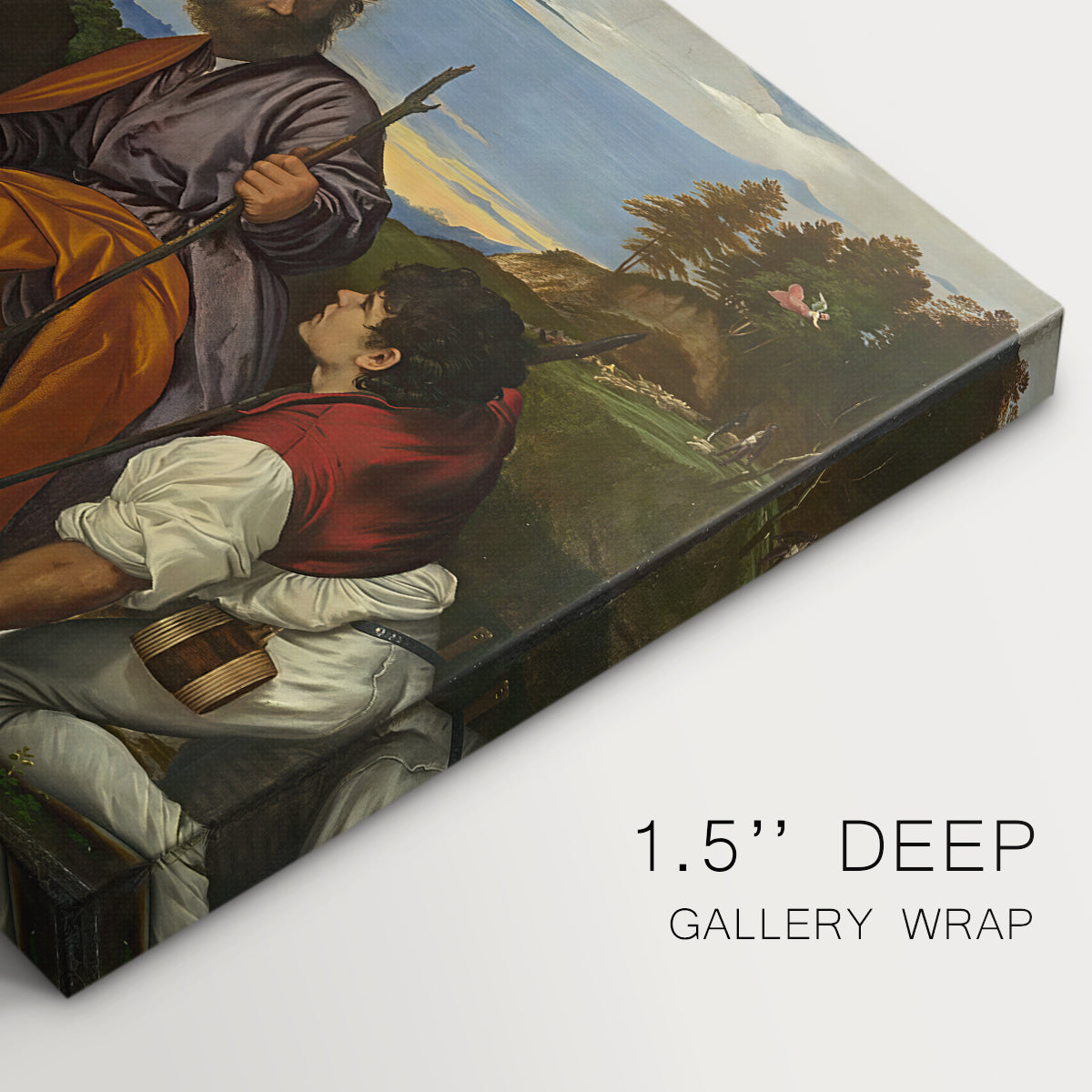 Canvas art print of a holy family gathered with shepherd in rustic outdoor setting, highlighting texture and gallery-wrapped edges