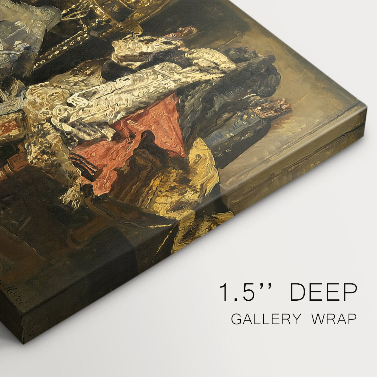 Canvas art print of an assortment of objects arranged on table in detailed still life composition, highlighting texture and gallery-wrapped edges
