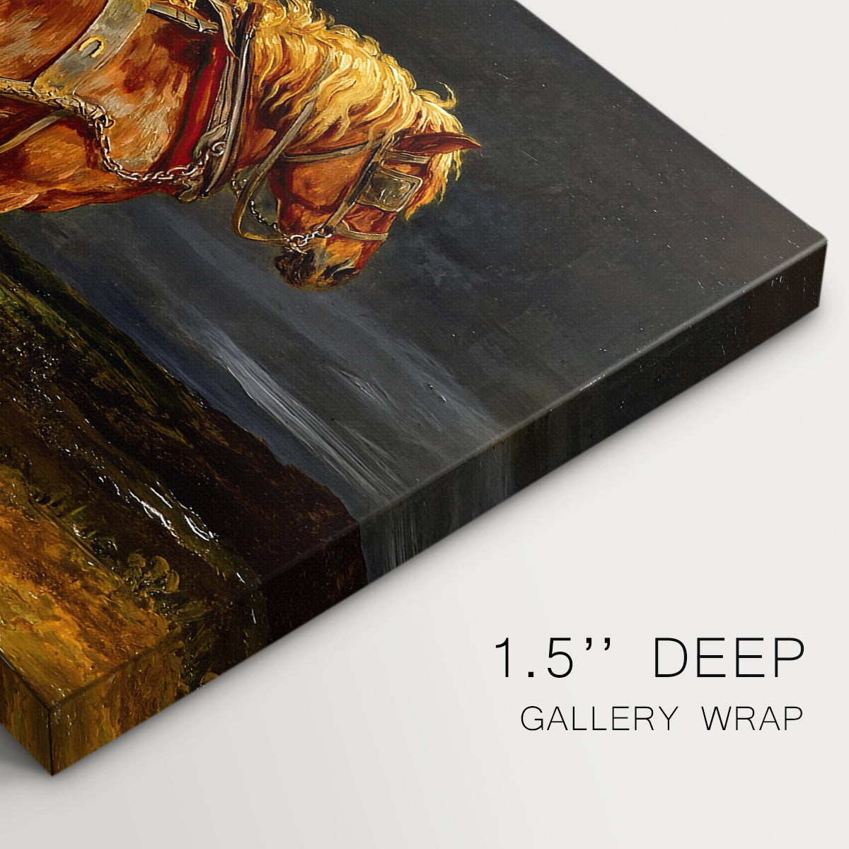 Canvas art print of a large shire horse standing prominently in wide open landscape, highlighting texture and gallery-wrapped edges