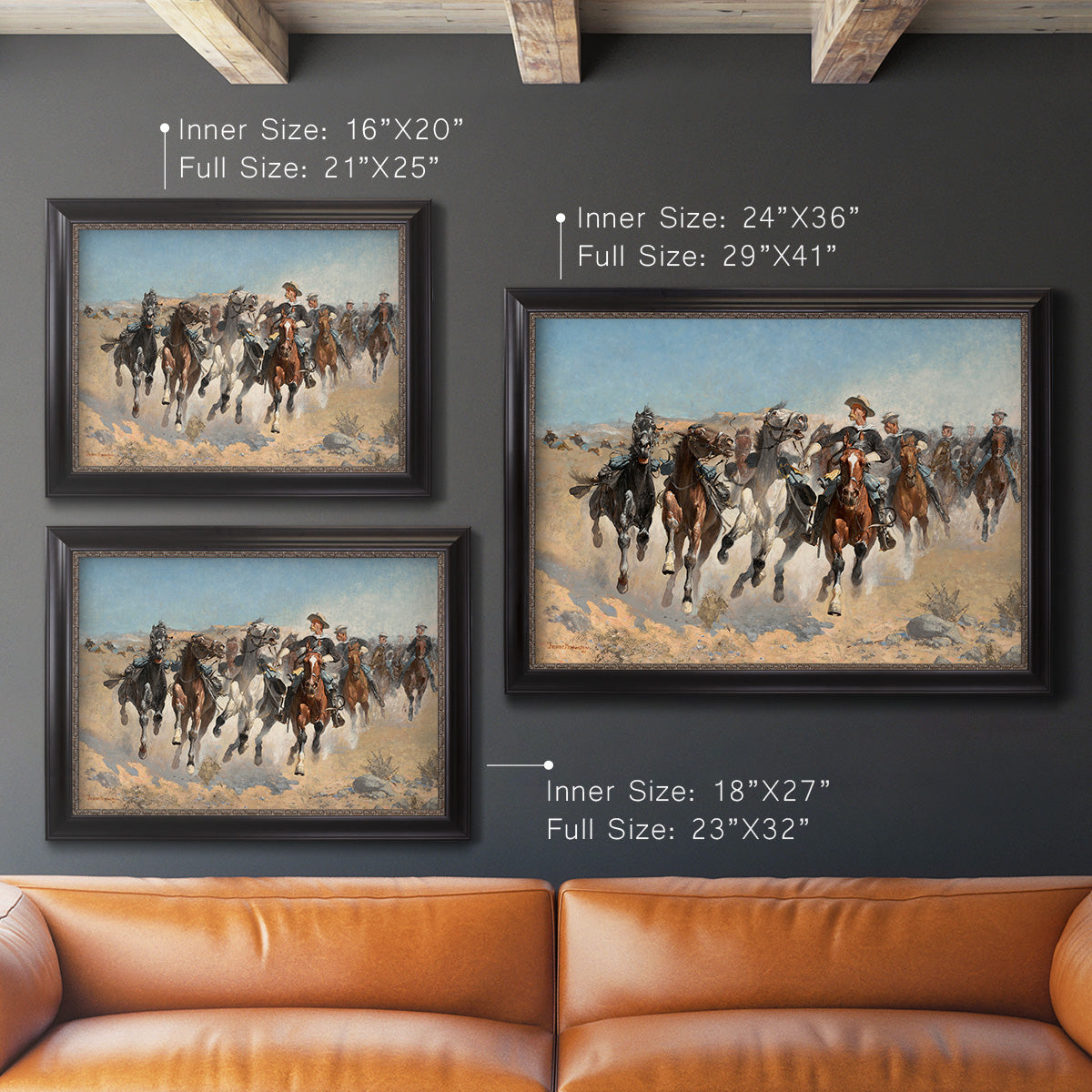 Impressionist western action scene by Frederic Remington in an ornate black frame with gilded inner detail shown in multiple size options.