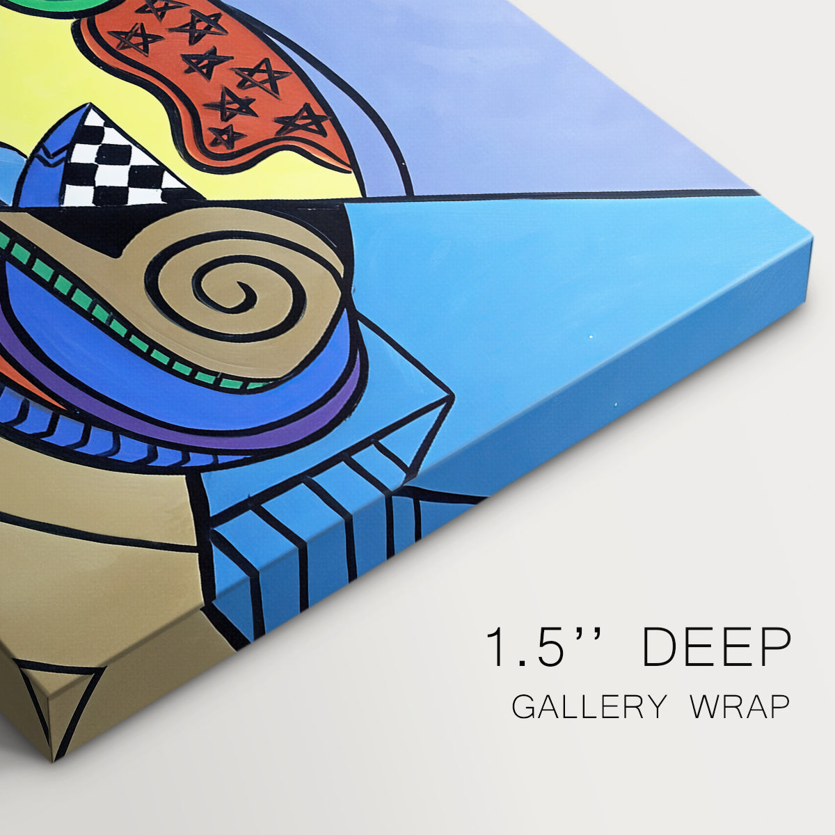 Canvas art print of a colorful geometric dog composed of bold shapes, highlighting texture and gallery-wrapped edges