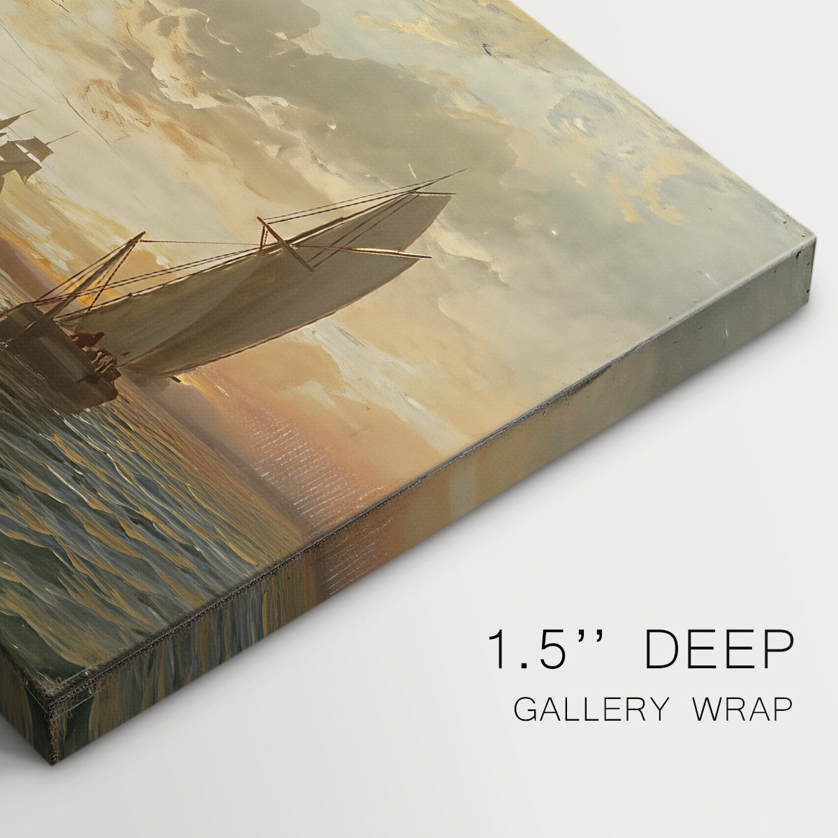Canvas art print of a coastal landscape with boats scattered across fjord and distant landforms, highlighting texture and gallery-wrapped edges