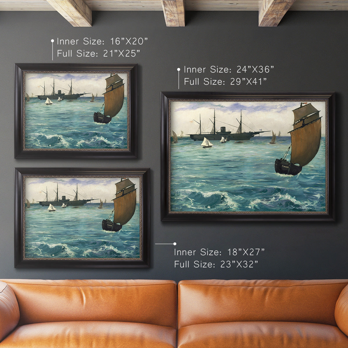 Impressionist naval seascape with the Kearsarge by Édouard Manet in an ornate black frame with gilded inner detail shown in multiple size options.