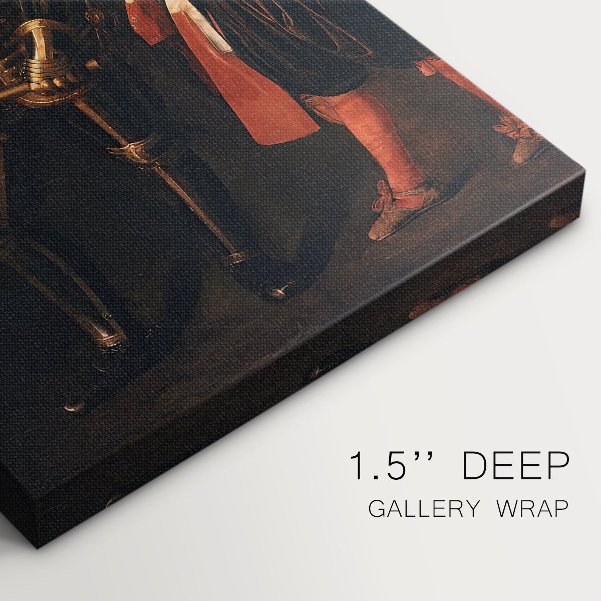 Close-up of a gallery-wrapped canvas corner showing a classical portrait with bold lighting and composed stance, highlighting texture and print detail.