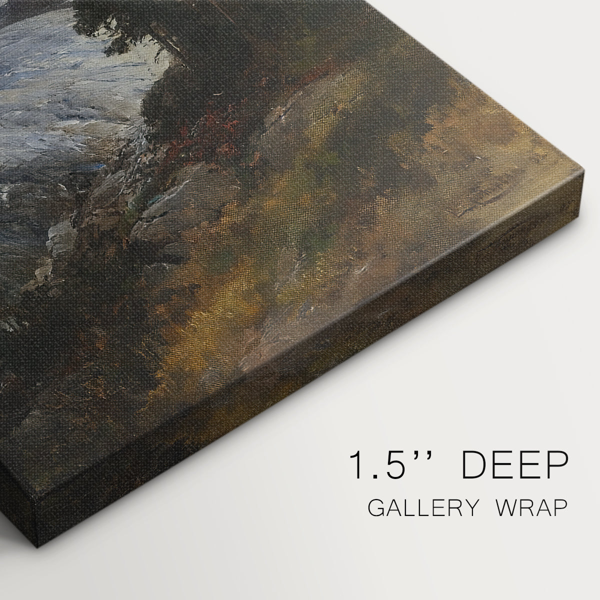Close-up of a gallery-wrapped canvas corner showing a panoramic landscape with icy textures and rocky forms, highlighting texture and print detail.