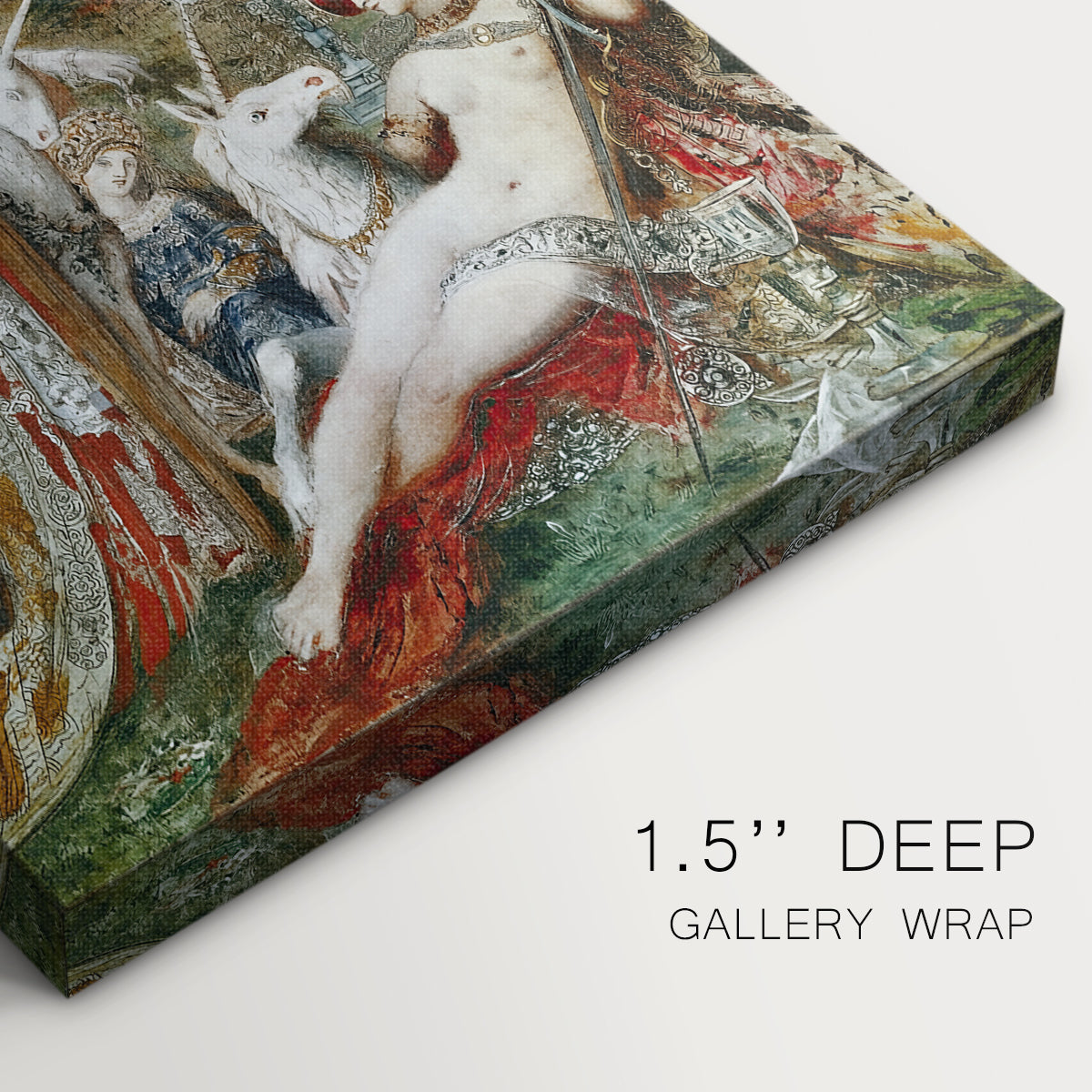 Close-up of a gallery-wrapped canvas corner showing a layered composition with ornate detail and color, highlighting texture and print detail.