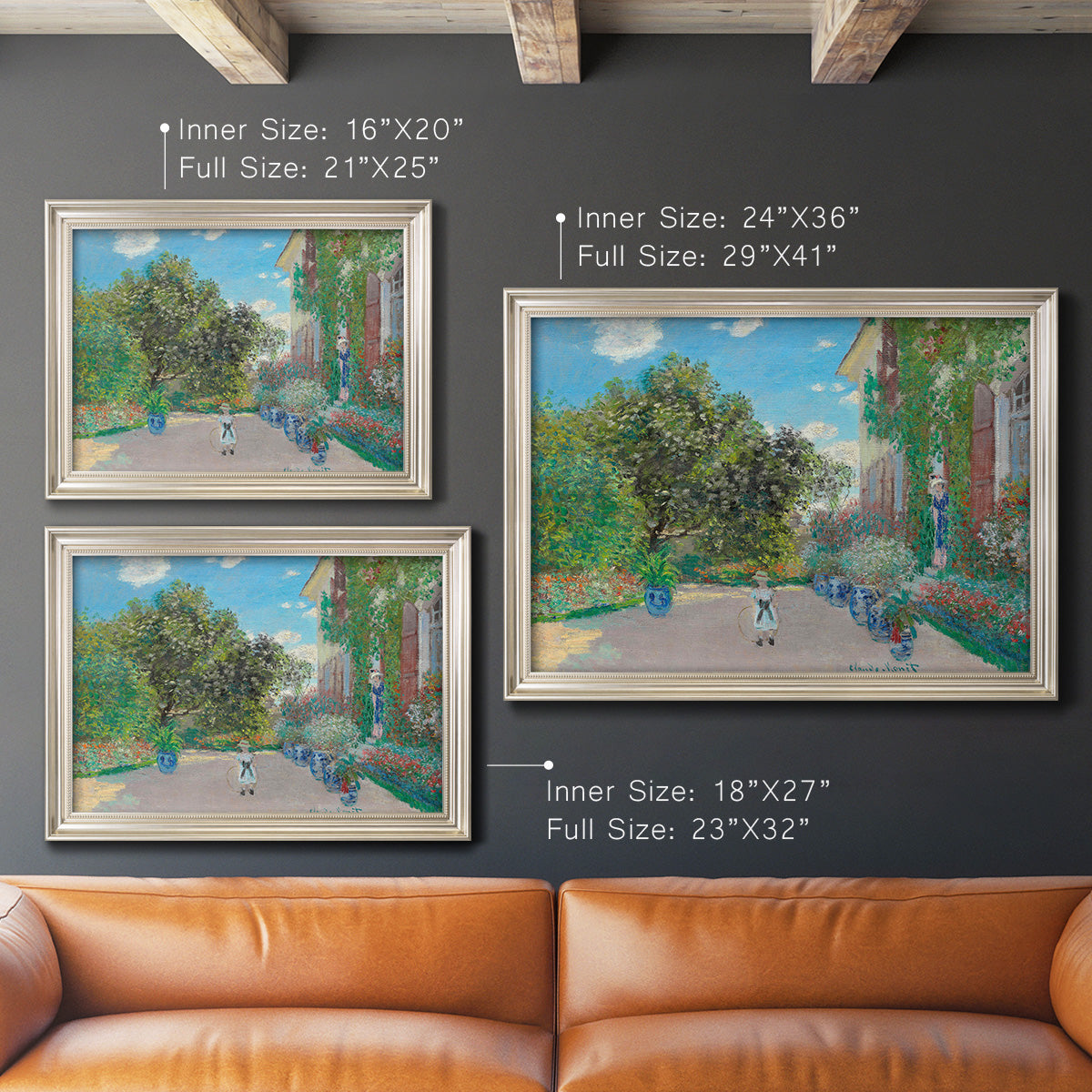 Impressionist residential landscape at Argenteuil by Claude Monet in an ornate champagne frame shown in multiple size options.