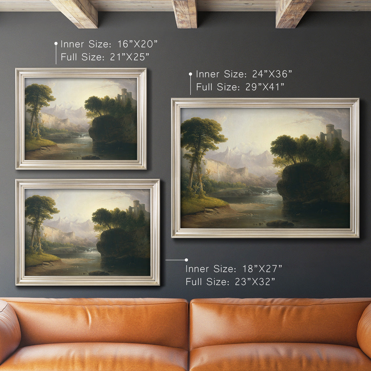 Romantic autumn landscape along the Hudson River by Thomas Doughty in an ornate champagne frame shown in multiple size options.