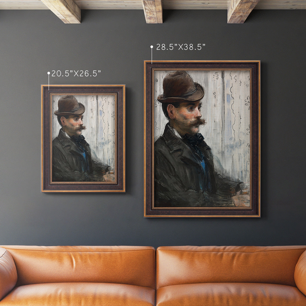 Impressionist portrait of a seated man by Édouard Manet in an ornate bronzed mahogany wood frame shown in multiple vertical size options.