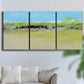Three-panel canvas wall art featuring abstract terrace landscape view, displayed in a living room above a sofa.