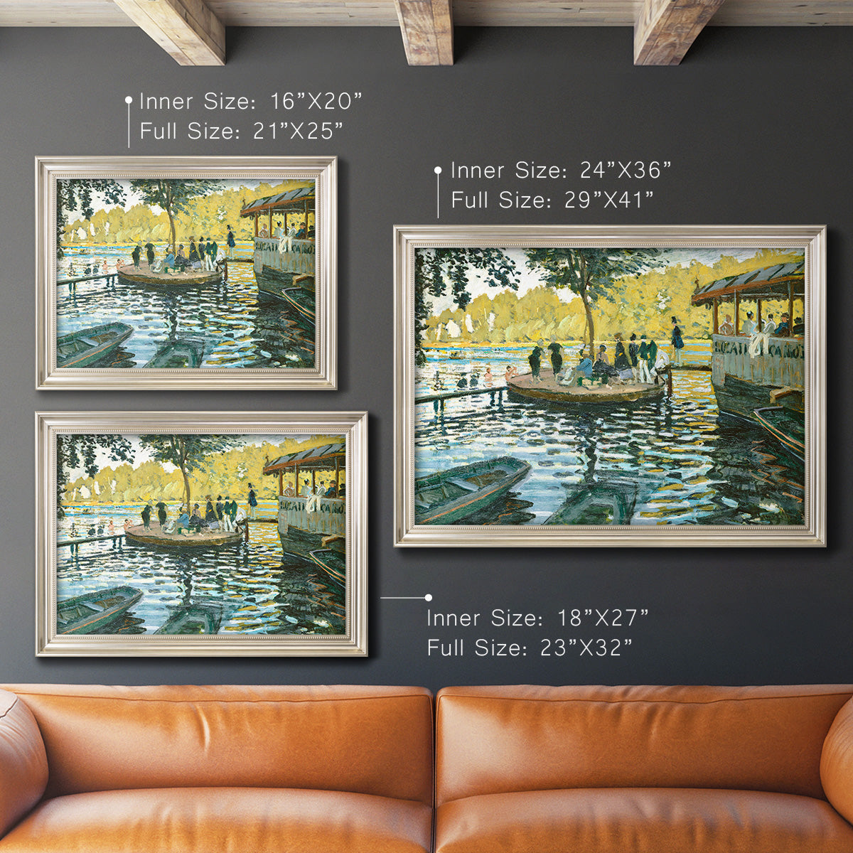 Impressionist riverside leisure scene by Claude Monet in an ornate champagne frame shown in multiple size options.