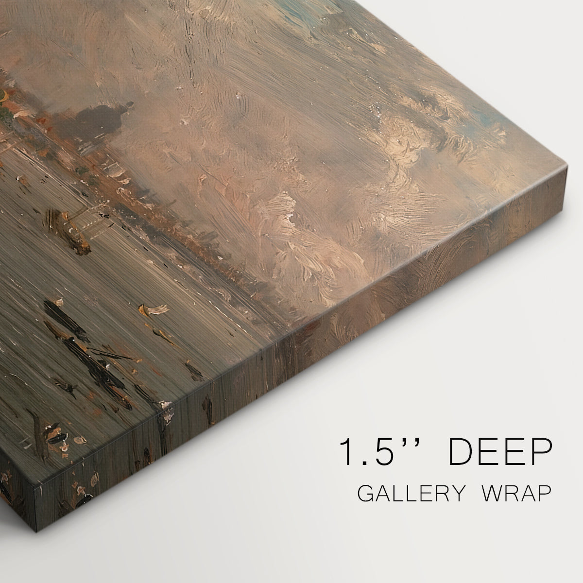 Canvas art print of a cityscape with riverside buildings and bridge, highlighting texture and gallery-wrapped edges