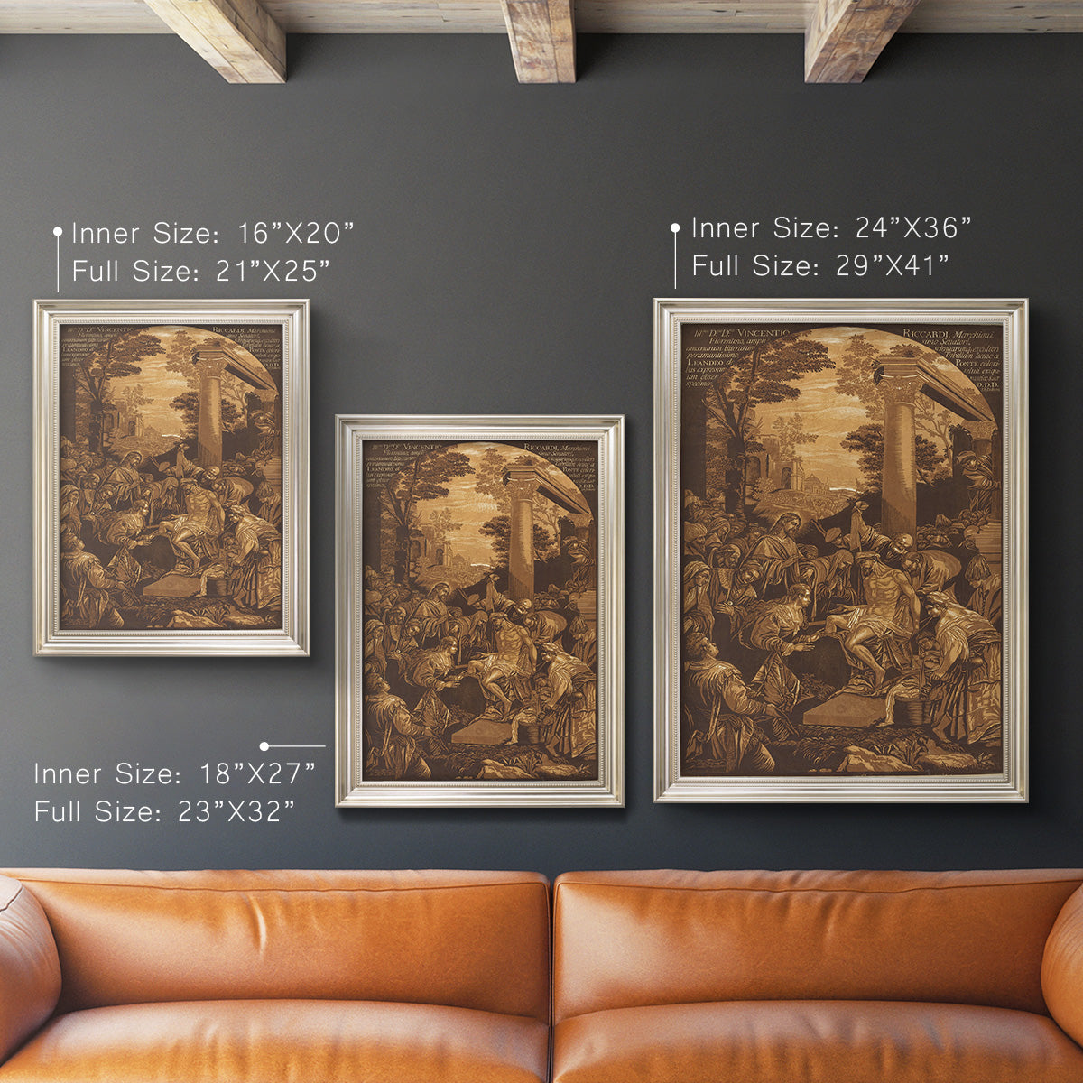 Monochrome religious painting of the raising of Lazarus by Leandro Bassano in an ornate champagne frame shown in multiple vertical size options.