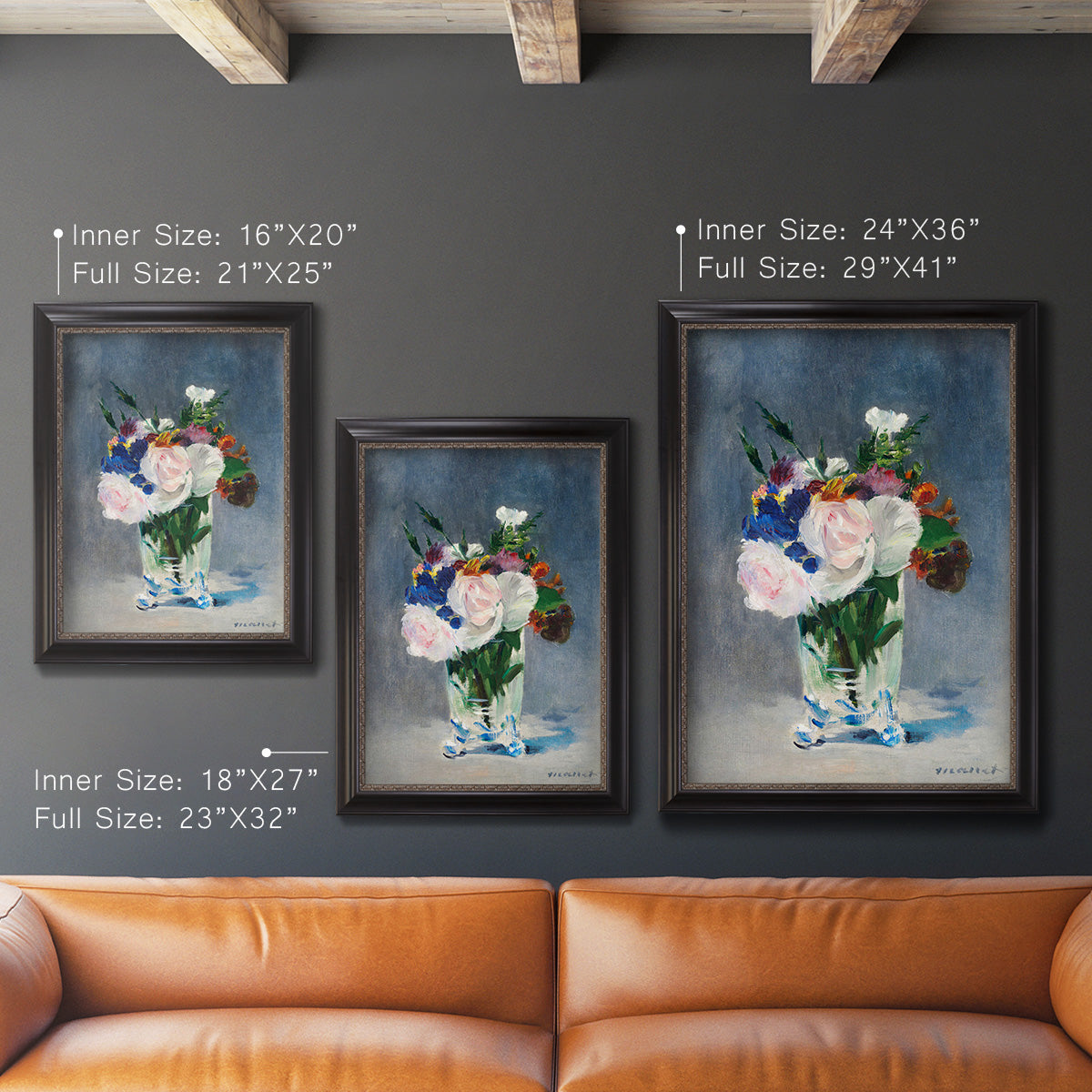 Impressionist floral still life painting by Claude Monet in an ornate black frame with gilded inner detail shown in multiple vertical size options.