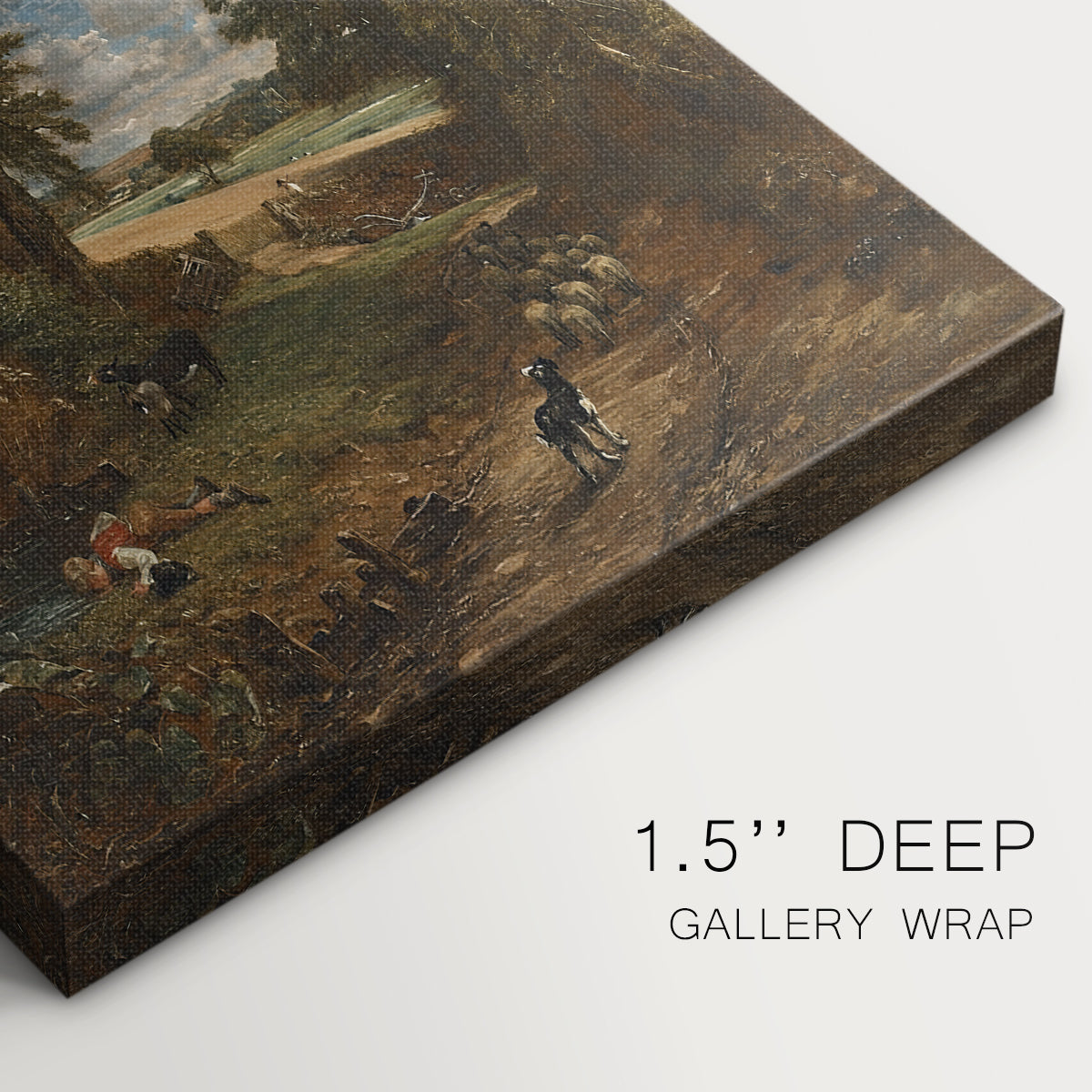 Close-up of a gallery-wrapped canvas corner showing a calm landscape with gentle movement and depth, highlighting texture and print detail.