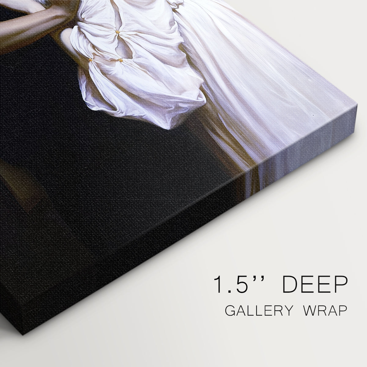 Close-up of a gallery-wrapped canvas corner showing a dramatic encounter with elegant classical styling, highlighting texture and print detail.