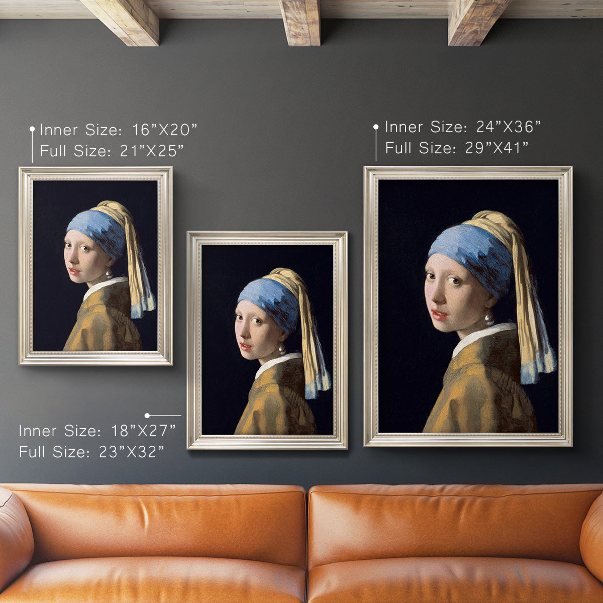 Iconic portrait of a girl wearing a pearl earring by Johannes Vermeer in an ornate champagne frame shown in multiple vertical size options.