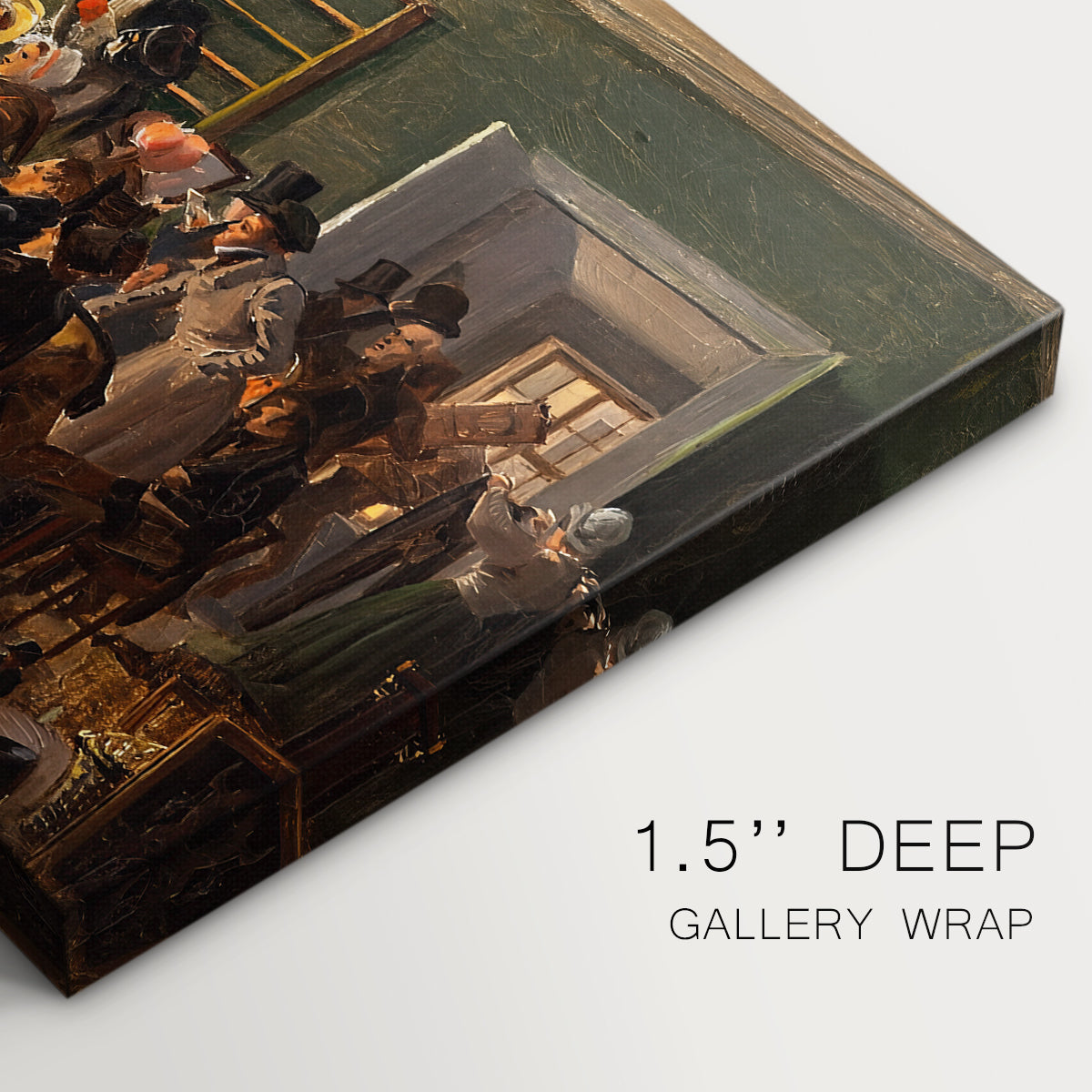 Canvas art print of a crowded interior with people gathered for auction activity, highlighting texture and gallery-wrapped edges