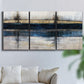 Three-panel canvas wall art featuring abstract blue urban composition, displayed in a living room above a sofa.