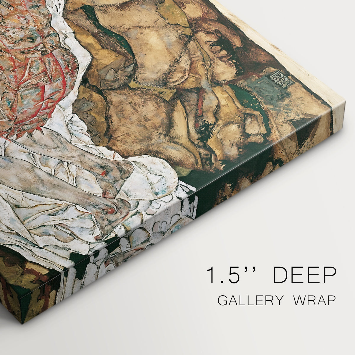 Canvas art print of intertwined figures representing death and woman in emotional embrace, highlighting texture and gallery-wrapped edges