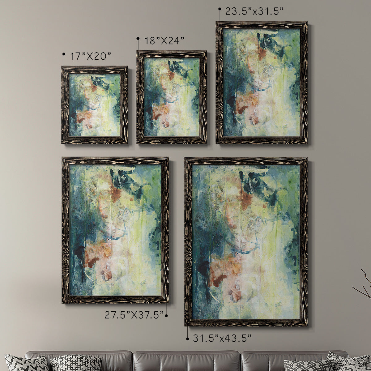 Size comparison chart for a set of two black barnwood framed canvas prints.