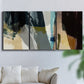 Three-panel canvas wall art featuring layered neutral abstract textures, displayed in a living room above a sofa.