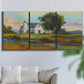 Three-panel canvas wall art featuring rural barn landscape with fields, displayed in a living room above a sofa.