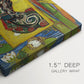 Close-up of a gallery-wrapped canvas corner showing a dynamic image with flat color and bold detail, highlighting texture and print detail.