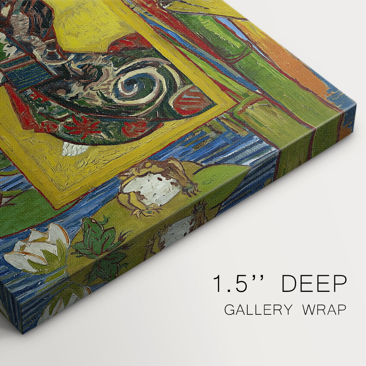 Close-up of a gallery-wrapped canvas corner showing a dynamic image with flat color and bold detail, highlighting texture and print detail.