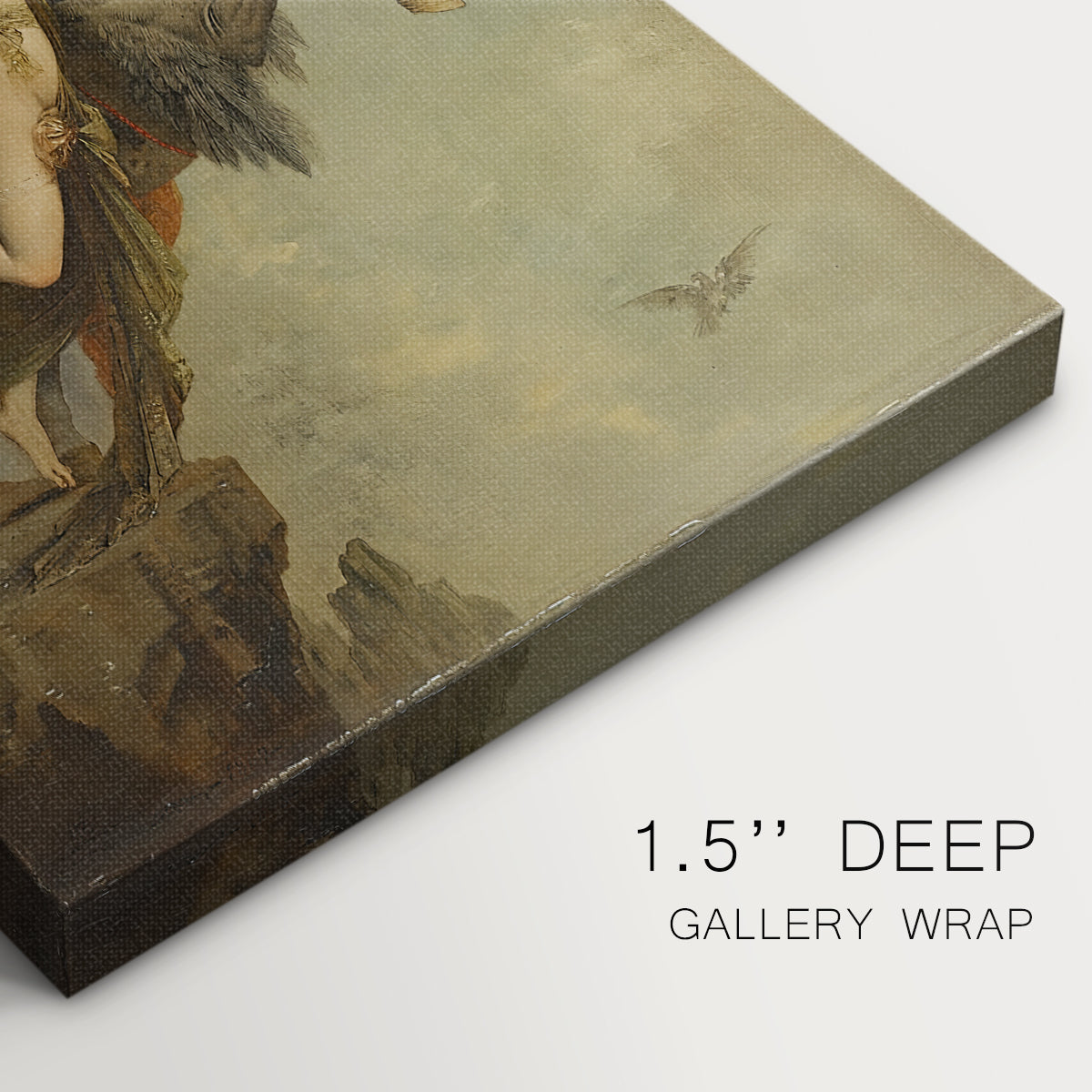 Close-up of a gallery-wrapped canvas corner showing a vivid image with symbolic creatures and figure, highlighting texture and print detail.