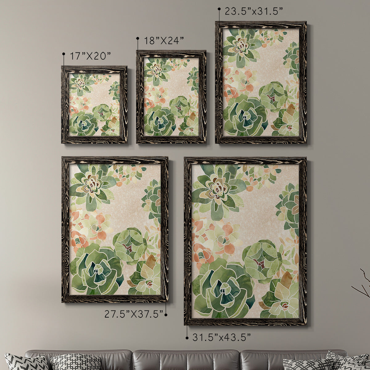 Size comparison chart for a set of two black barnwood framed canvas prints.
