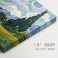 Canvas art print of a golden wheat field with tall cypress trees under swirling sky, highlighting texture and gallery-wrapped edges