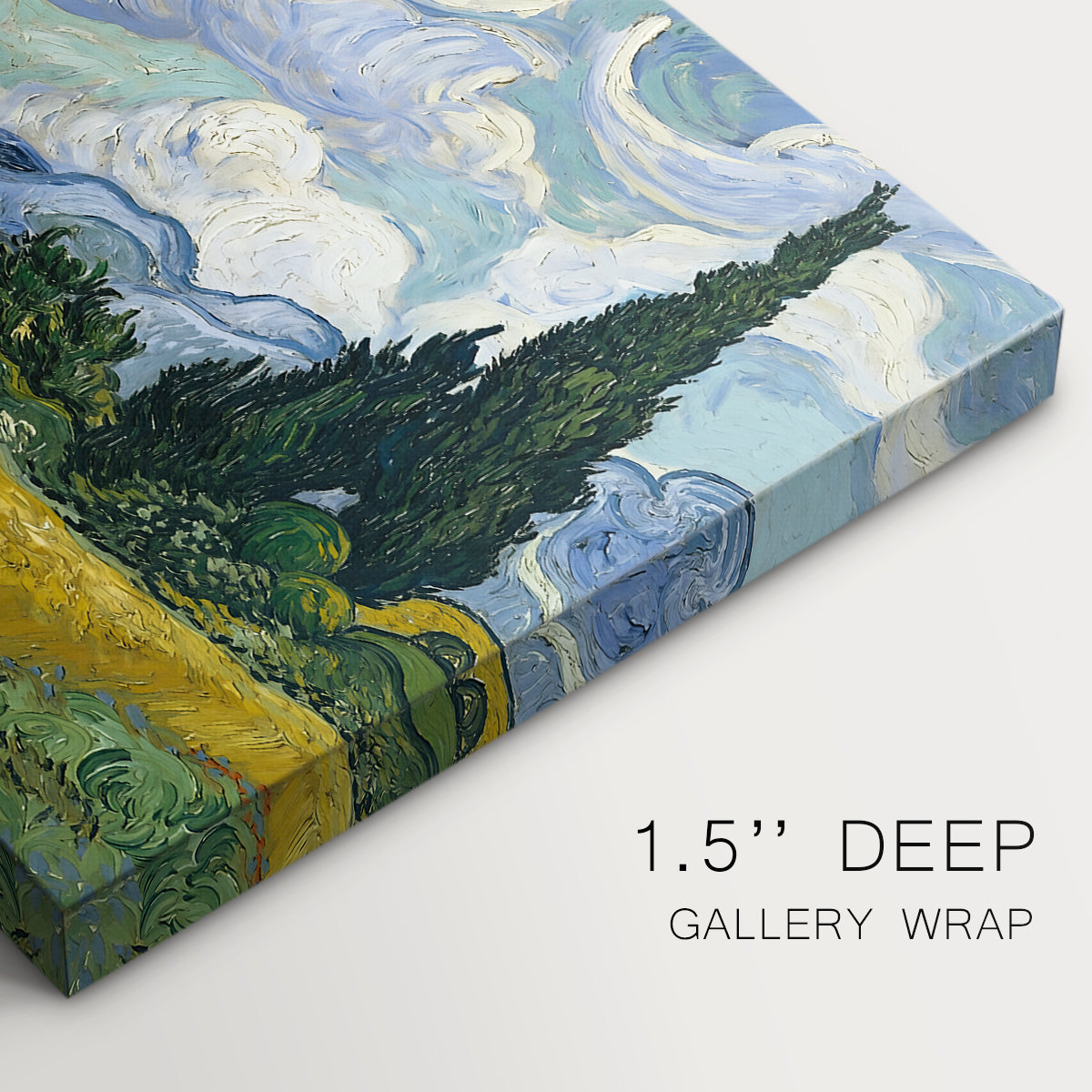 Canvas art print of a golden wheat field with tall cypress trees under swirling sky, highlighting texture and gallery-wrapped edges