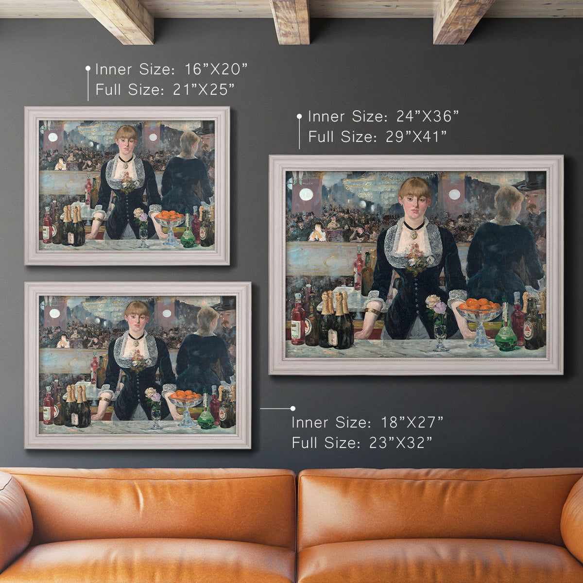 Iconic impressionist café bar scene by Édouard Manet in an ornate weathered white frame shown in multiple size options.