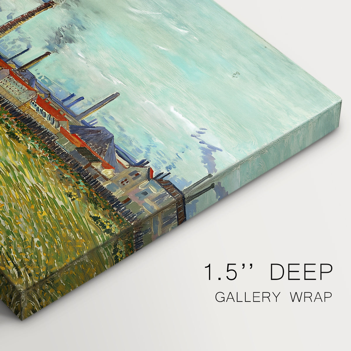 Canvas art print of industrial buildings with smokestacks rising above flat landscape, highlighting texture and gallery-wrapped edges