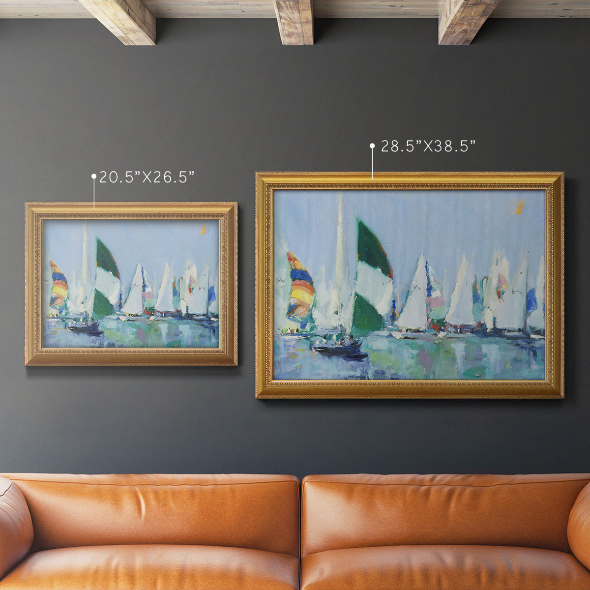 Coastal harbor watercolor painting in an ornate antique gold frame shown in multiple size options.