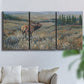 Three-panel canvas wall art featuring western wildlife grazing in open field, displayed in a living room above a sofa.