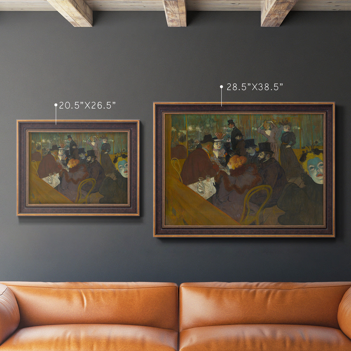 Impressionist cabaret interior scene by Henri de Toulouse-Lautrec in an ornate bronzed mahogany wood frame shown in multiple size options.
